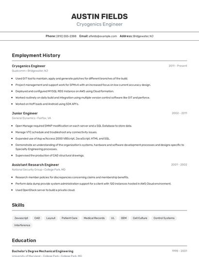 Cryogenics Engineer Resume
