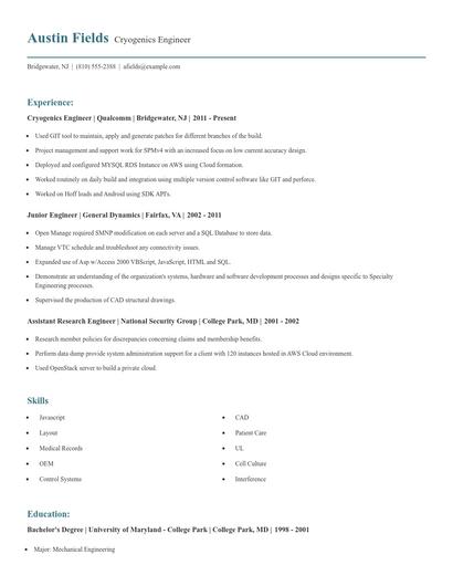 Cryogenics Engineer Resume