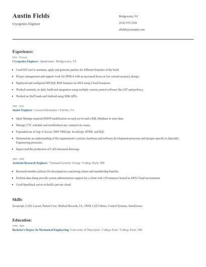 Cryogenics Engineer Resume