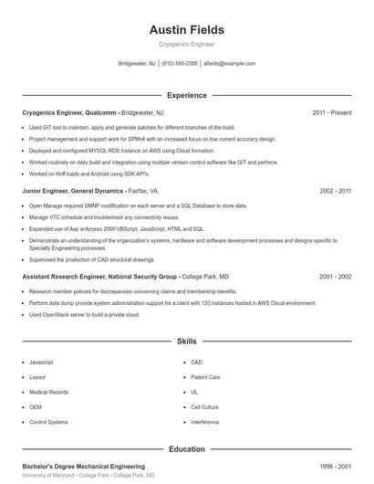 Cryogenics Engineer Resume