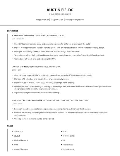 Cryogenics Engineer Resume