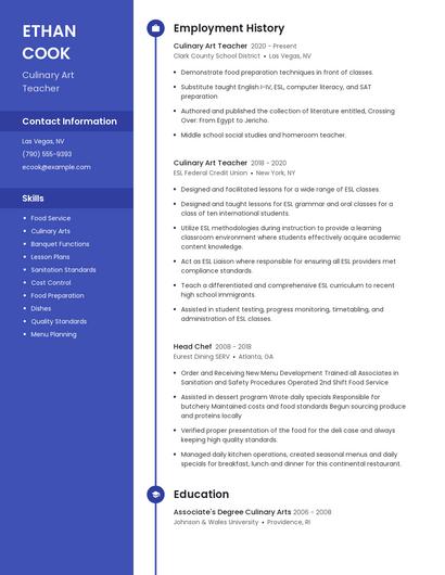 Culinary Art Teacher Resume