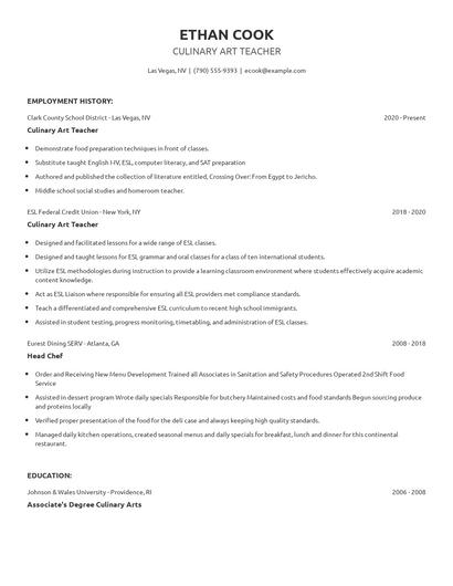 Culinary Art Teacher Resume