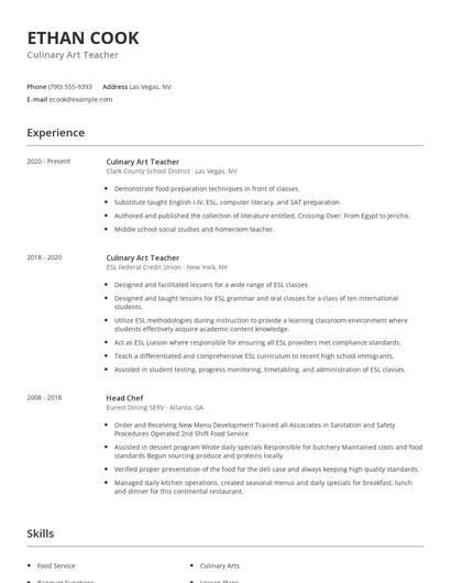 Culinary Art Teacher Resume
