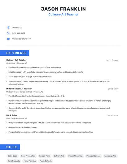 Culinary Art Teacher Resume