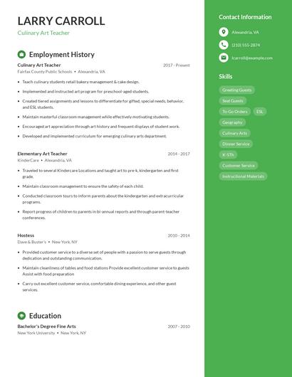 Culinary Art Teacher Resume