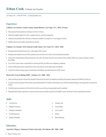 Culinary Art Teacher Resume