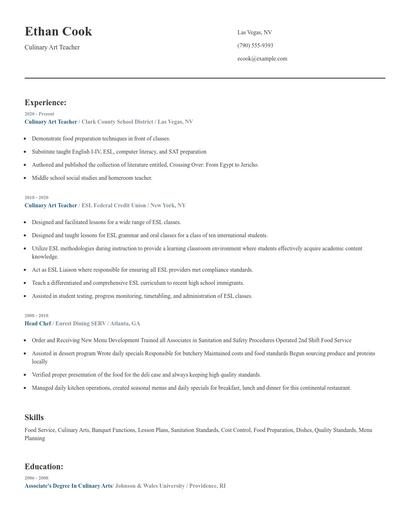 Culinary Art Teacher Resume
