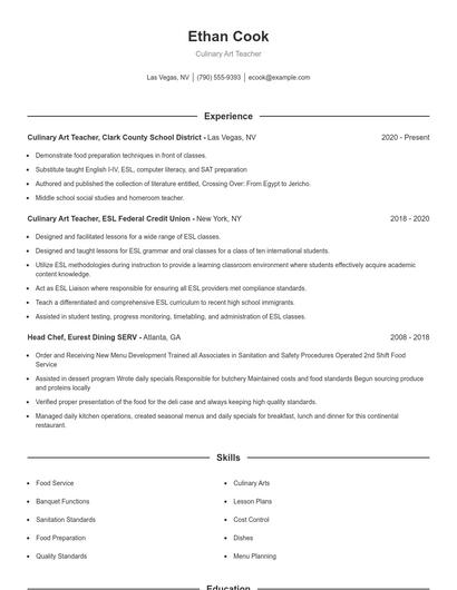 Culinary Art Teacher Resume