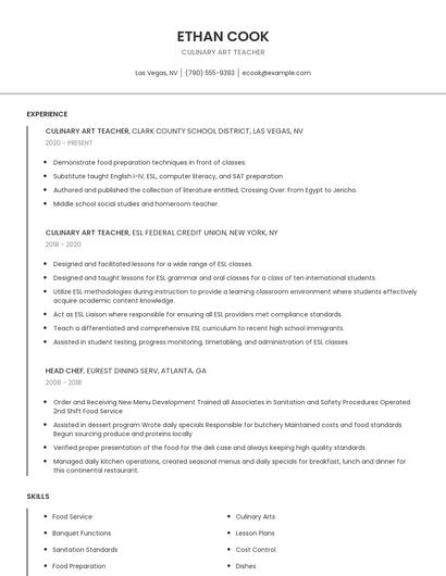 Culinary Art Teacher Resume