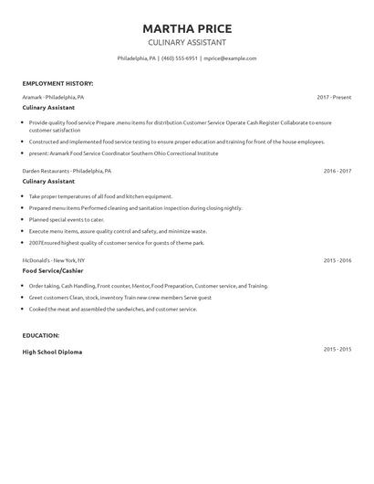 Culinary Assistant Resume