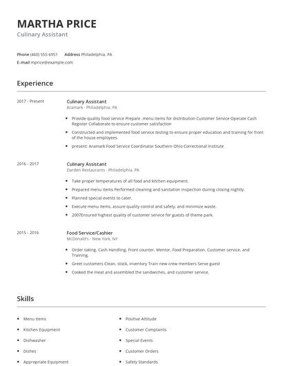 Culinary Assistant Resume