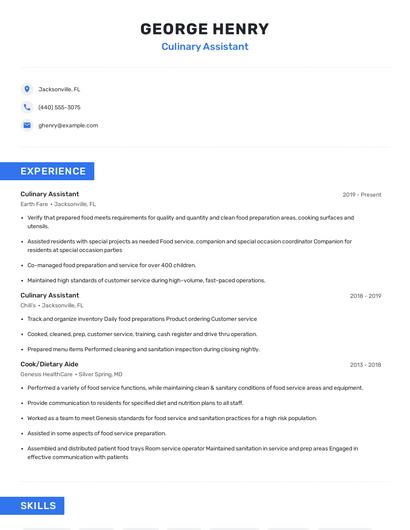 Culinary Assistant Resume