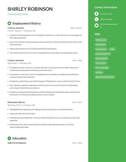 Culinary Assistant Resume