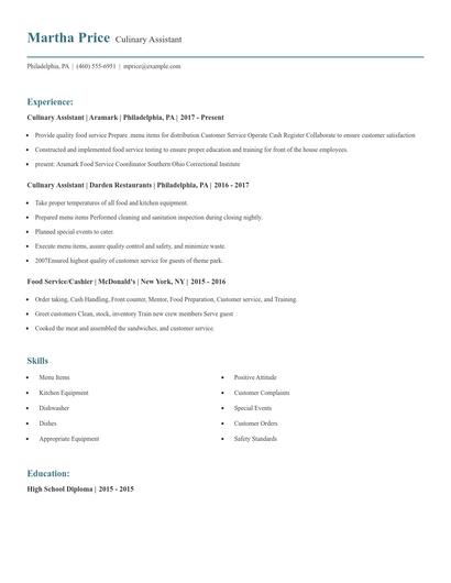 Culinary Assistant Resume