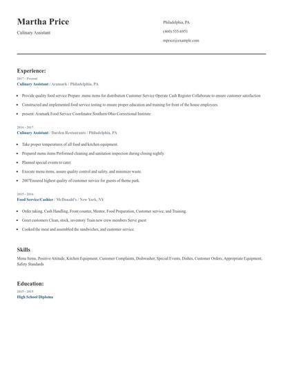 Culinary Assistant Resume