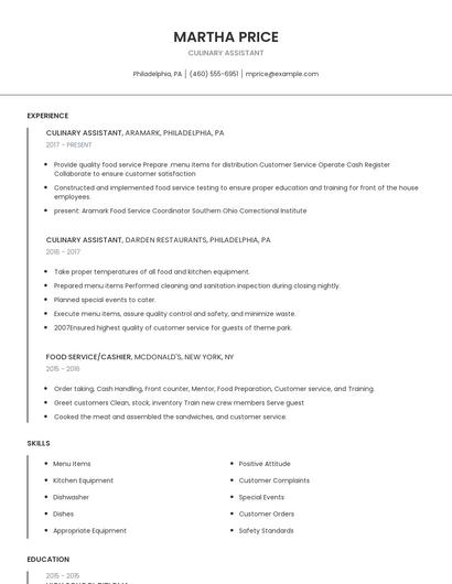 Culinary Assistant Resume