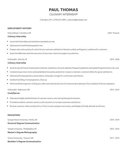 Culinary Internship Resume