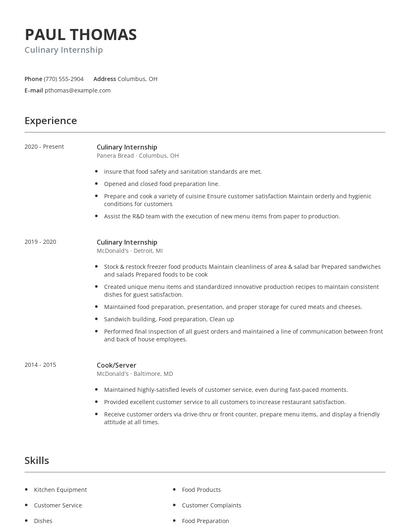 Culinary Internship Resume