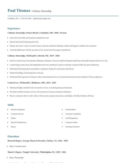 Culinary Internship Resume