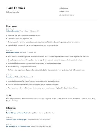 Culinary Internship Resume