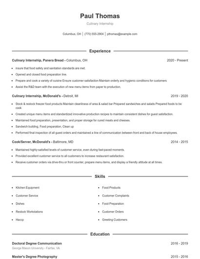 Culinary Internship Resume