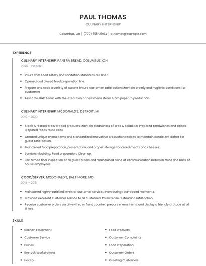 Culinary Internship Resume