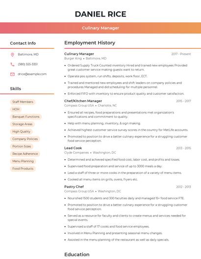 Culinary Manager Resume