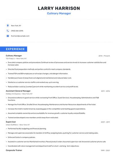 Culinary Manager Resume