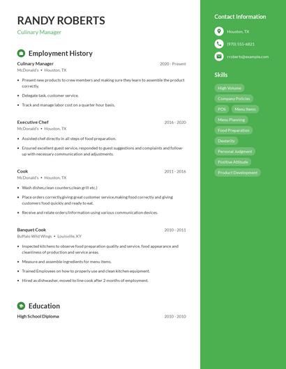 Culinary Manager Resume