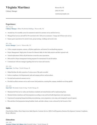 Culinary Manager Resume