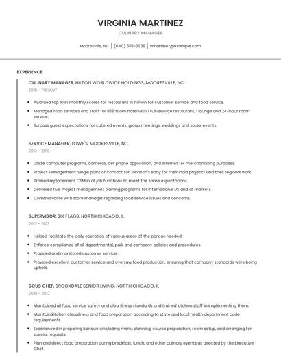 Culinary Manager Resume