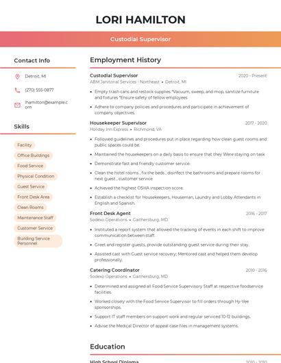 Custodial Supervisor Resume