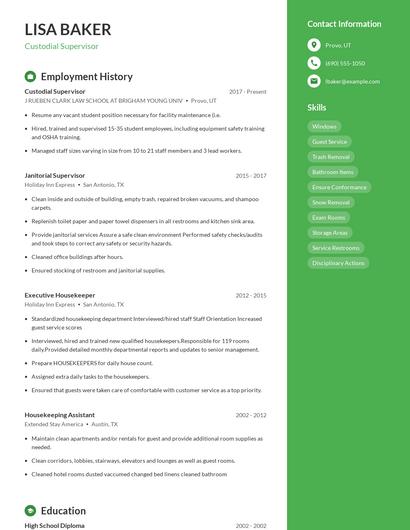 Custodial Supervisor Resume