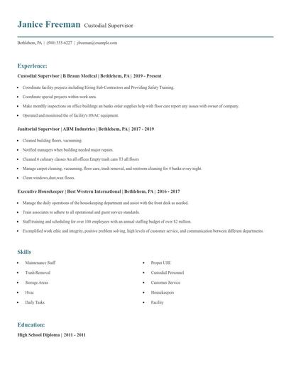 Custodial Supervisor Resume