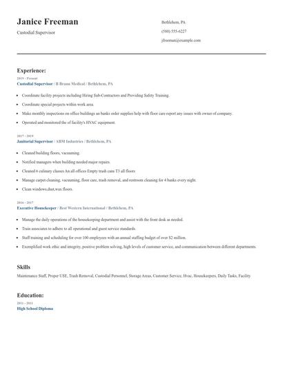 Custodial Supervisor Resume