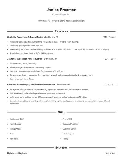 Custodial Supervisor Resume