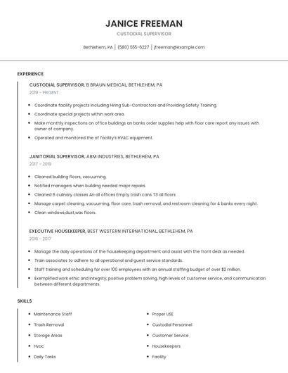 Custodial Supervisor Resume