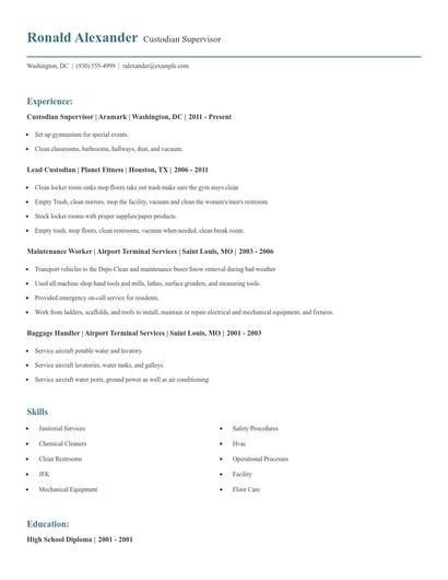 Custodian Supervisor Resume