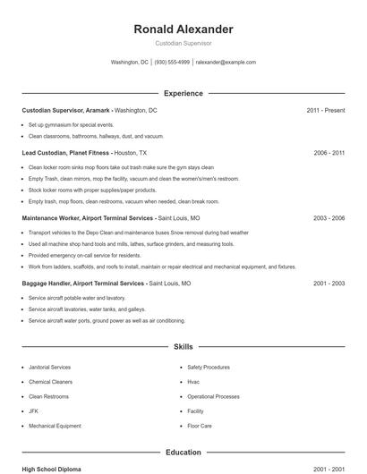 Custodian Supervisor Resume