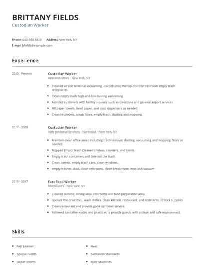 Custodian Worker Resume