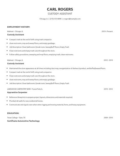 Custody Assistant Resume