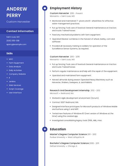 Custom Harvester Resume