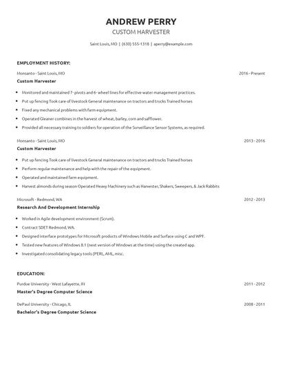 Custom Harvester Resume