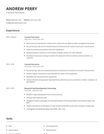 Custom Harvester Resume