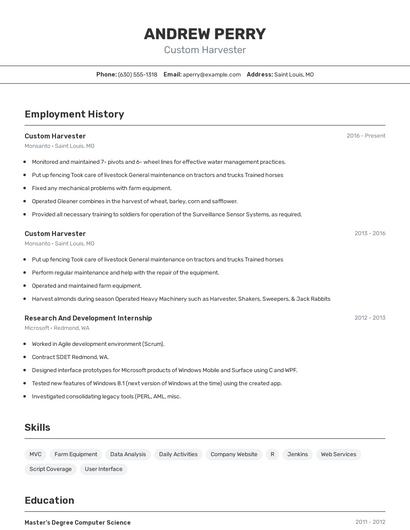 Custom Harvester Resume