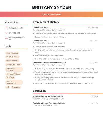 Custom Harvester Resume