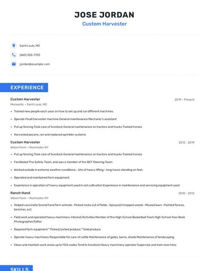 Custom Harvester Resume