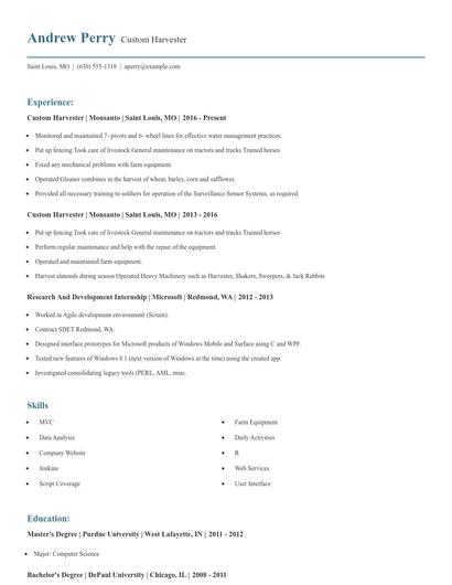 Custom Harvester Resume