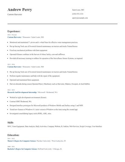 Custom Harvester Resume